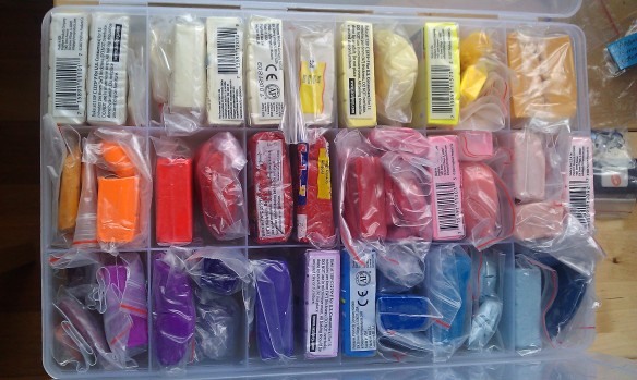 My clay colours, box one, sorted by colour. Starting with whites, then yellows, oranges, reds, pinks, purples and blues