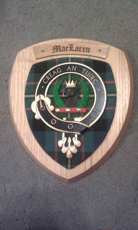 McLaren Clan Crest shield, bought in Scotland in 2007, photo taken 2012